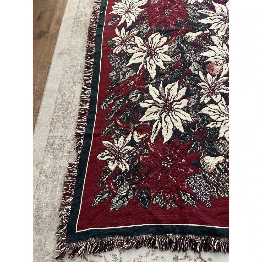 REVERSIBLE Christmas Tapestry Throw Blanket Poinsettia Flower Holiday 67